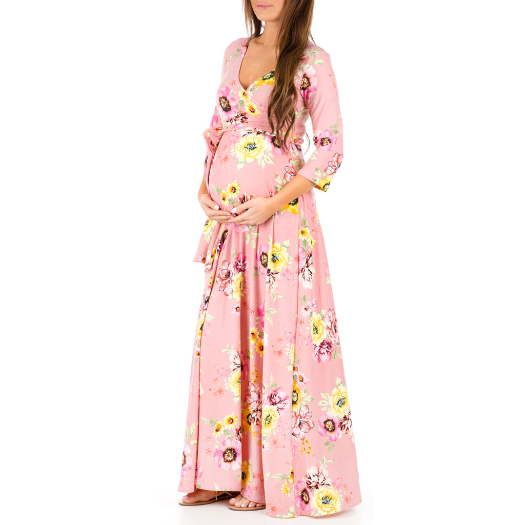 Mother Bee Maternity 3/4 Sleeve Faux Wrap Dress with Adjustable Belt –  MotherBeeMaternity