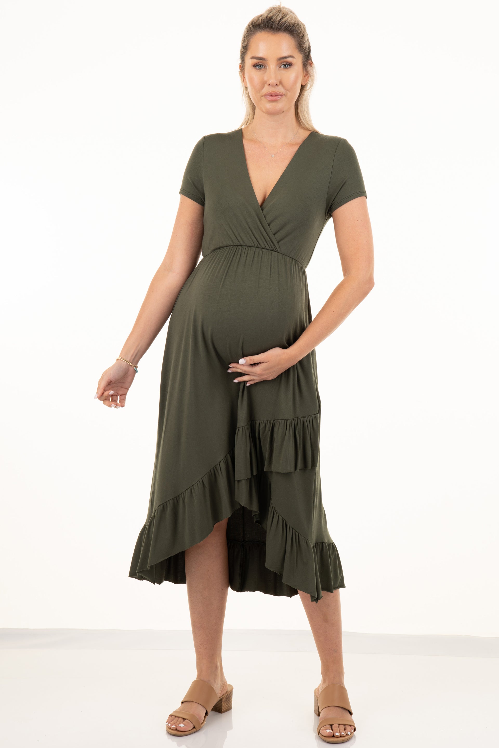 Maternity and Nursing Surplice Short Sleeve High-Low Dress ...