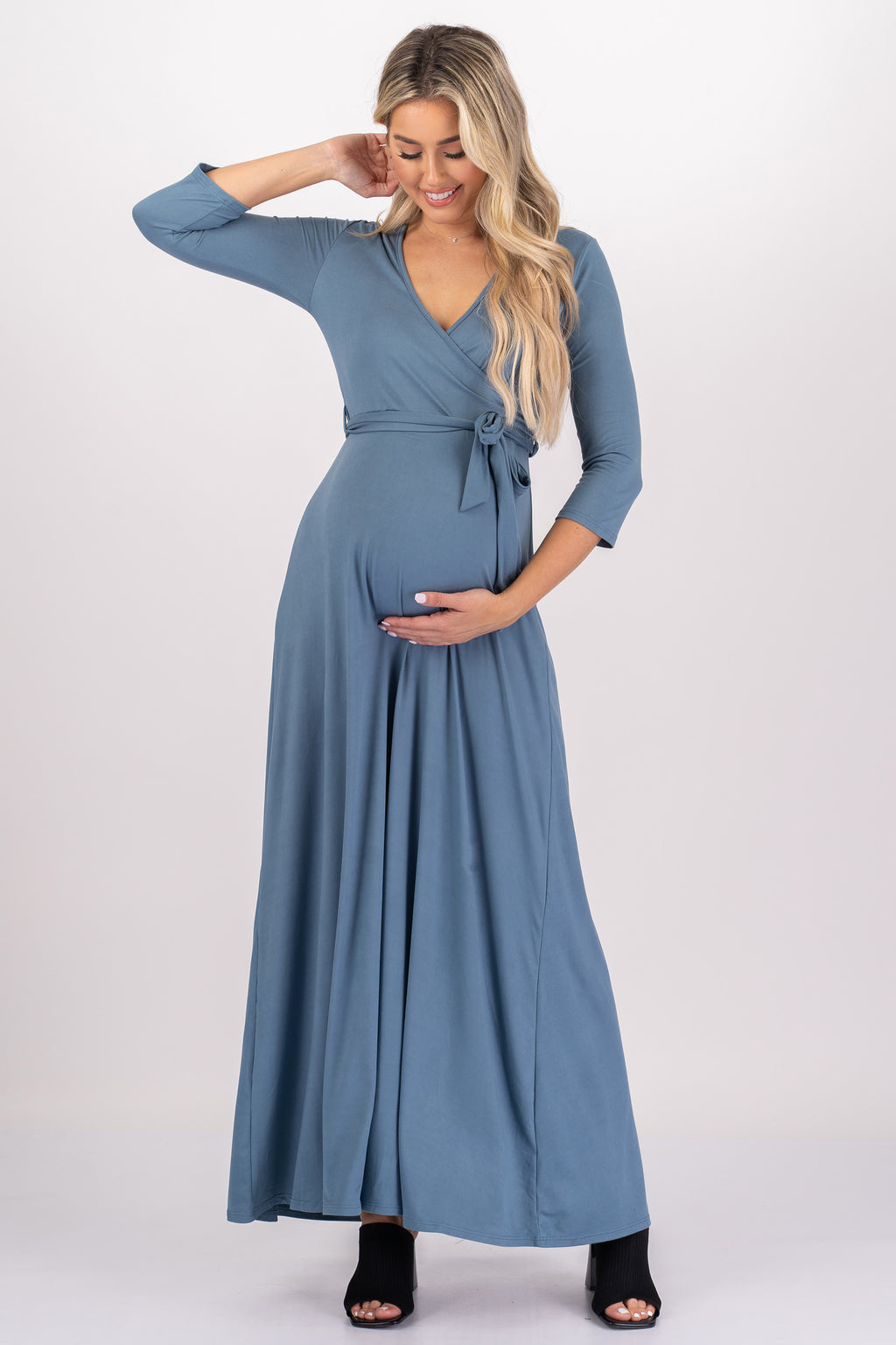 Mother Bee Maternity 3/4 Sleeve Faux Wrap Dress with Adjustable Belt –  MotherBeeMaternity