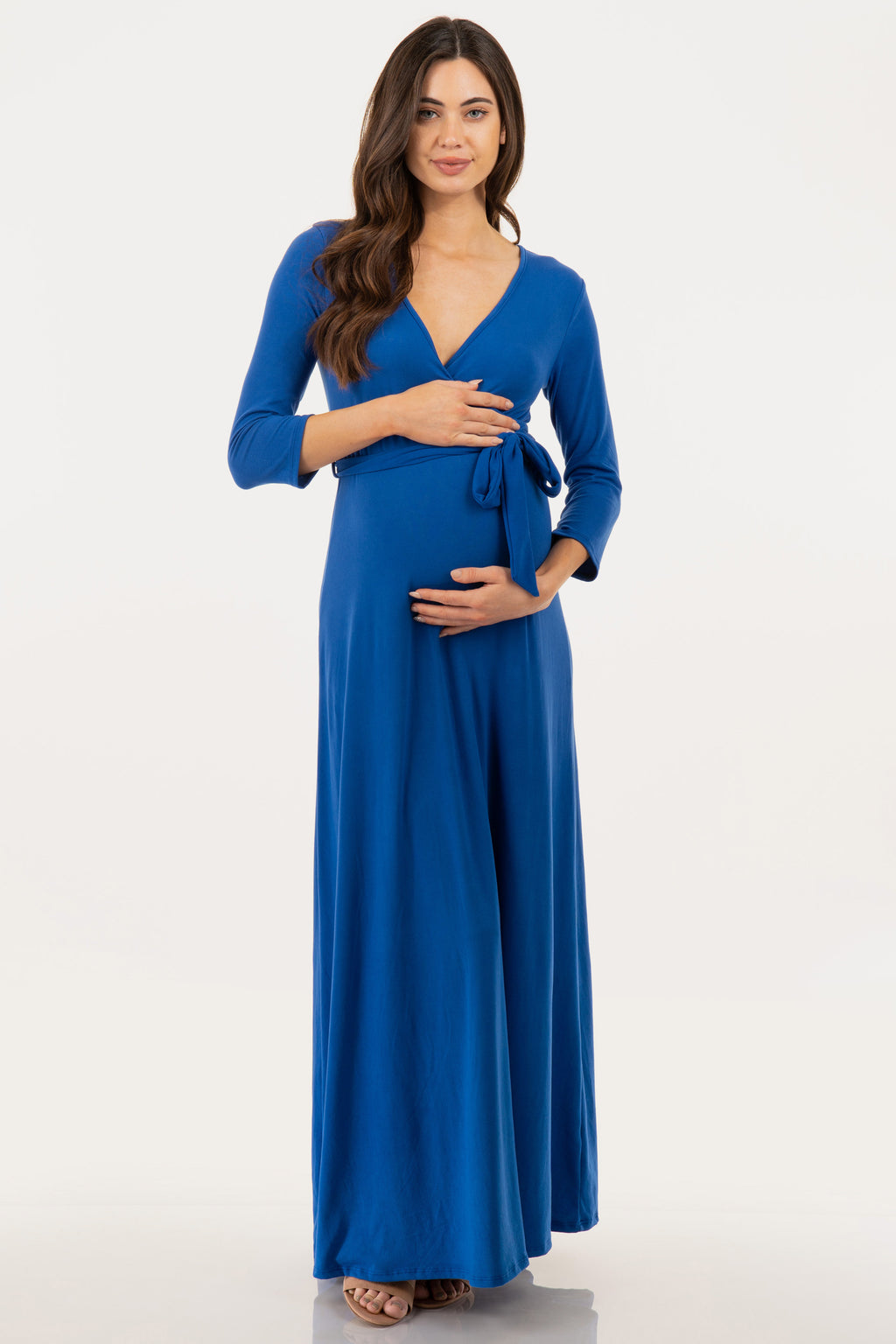 Maternity and Nursing Maxi Faux Wrap Dress with Adjustable Belt ...